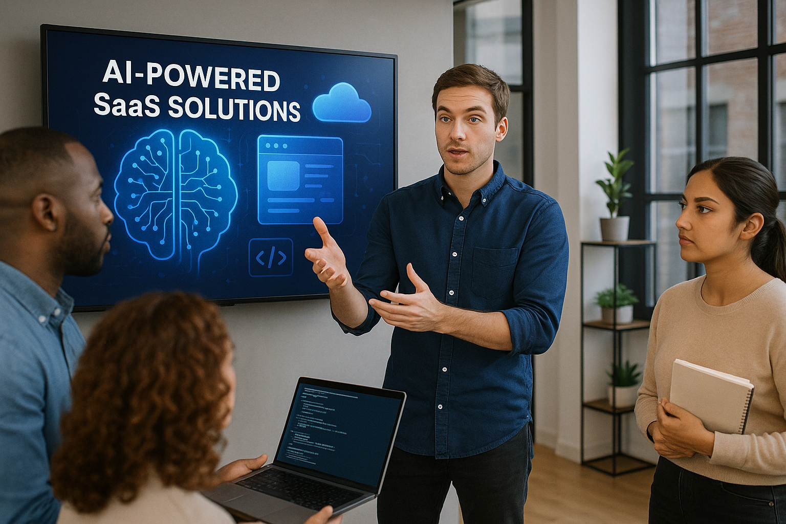 A team of professionals in a modern office discussing AI-powered SaaS solutions